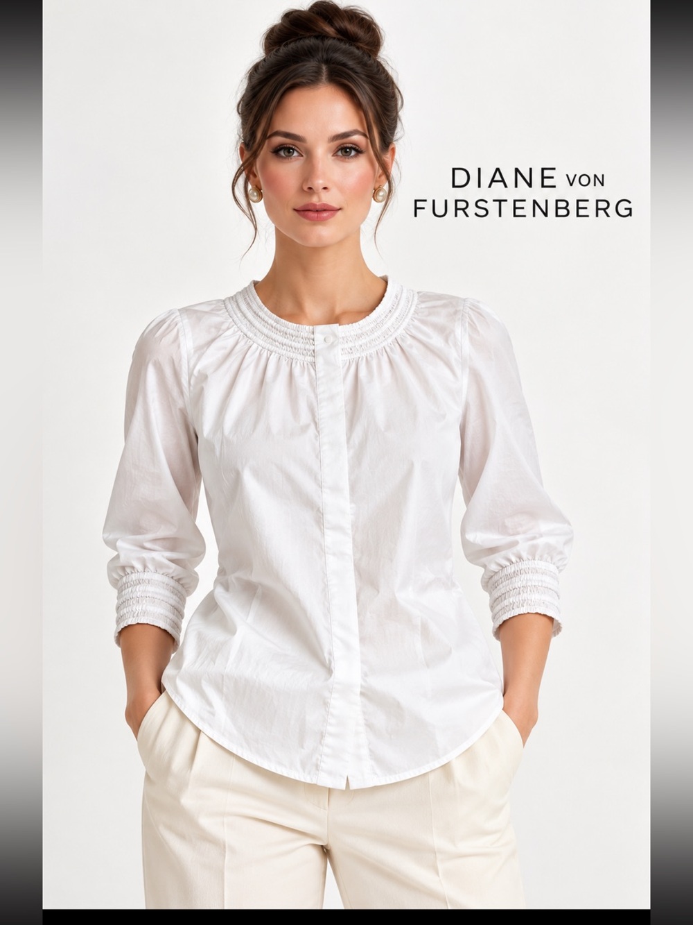 DIANE VON FURSTENBERG, the white smocked button down shirt!